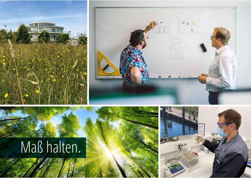 Photo collage: Hanno Werk in front of a green meadow, Hanno employees and a view of green treetops with the text: "Maß halten" (Being moderate).